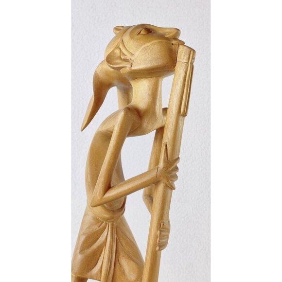 MCM Indonesian Carved Pair 14" Wooden Sculptures Musicians Windpipes 50s-60s - Picture 3 of 13